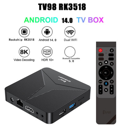 TV98 RK3518 Android TV Box Rockchip Quad Core 2+16GB Dual Band WiFi Bluetooth-compatible Voice Remote Control for Home Entertainment
