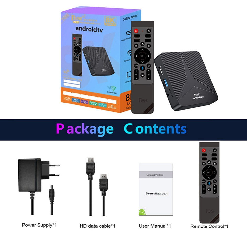 TV98 RK3518 Android TV Box Rockchip Quad Core 2+16GB Dual Band WiFi Bluetooth-compatible Voice Remote Control for Home Entertainment