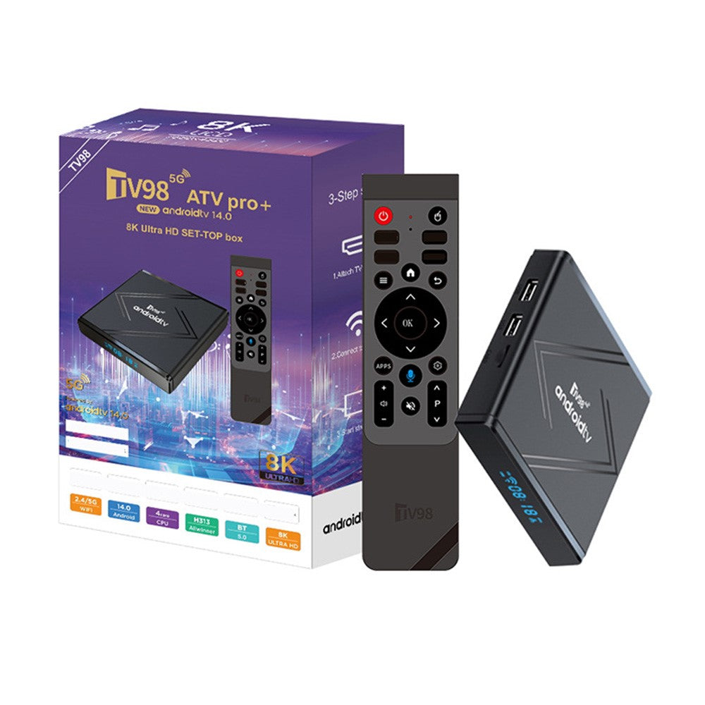TV98 ATV PRO+ 2+8GB Android 14.0 TV Box 8K Ultra HD HDR10+ 3D Video Dual Band WiFi 2.4G / 5G Bluetooth-compatible Smart Set-Top Box