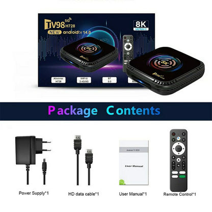 TV98 H728 Android 14 TV Box 8K Ultra HD Video Decoding WiFi 6 Dual Band Smart Media Player for Home Theater, 4+32GB