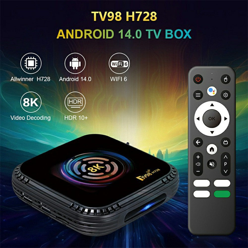 TV98 H728 Android 14 TV Box 8K Ultra HD Video Decoding WiFi 6 Dual Band Smart Media Player for Home Theater, 4+32GB