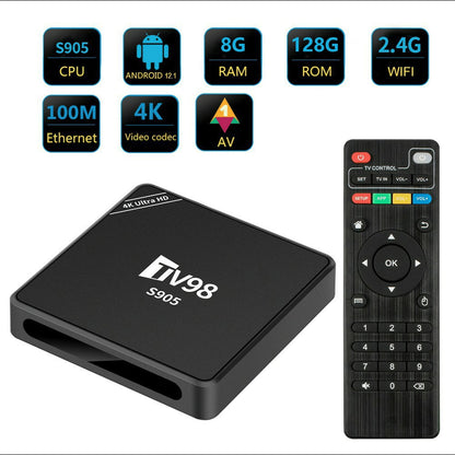TV98 S905 8+128GB 4K Ultra HD Android 12.1 Smart TV Box 2.4G WiFi 100M Ethernet Dual Output HD AV Remote Control Set-Top Box