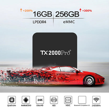 TX2000Pro 16+256GB Android TV Box 4K UHD Quad Core A53 Dual WiFi BT5.0 Media Player for Home Entertainment