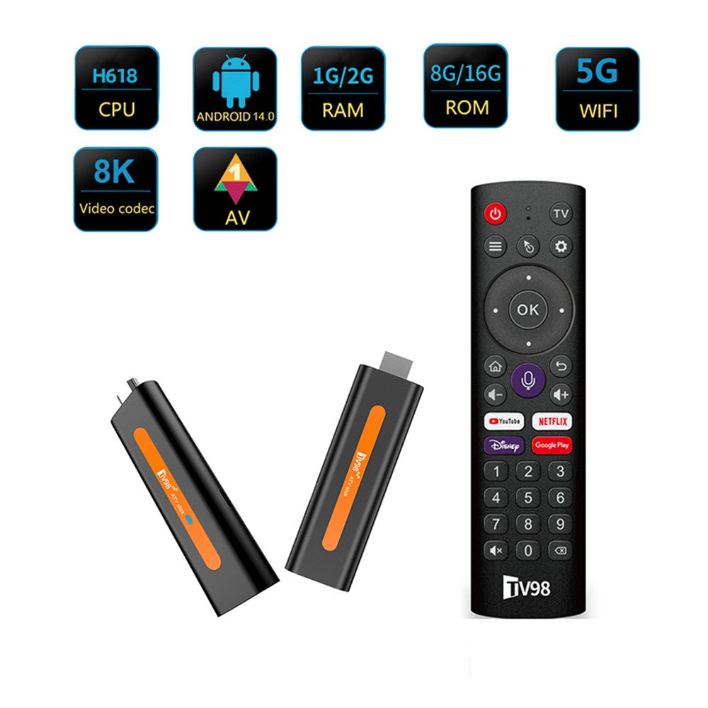 TV98 ATV H618 2+16GB Android 14 TV Stick 8K Dual-Band WiFi Media Player