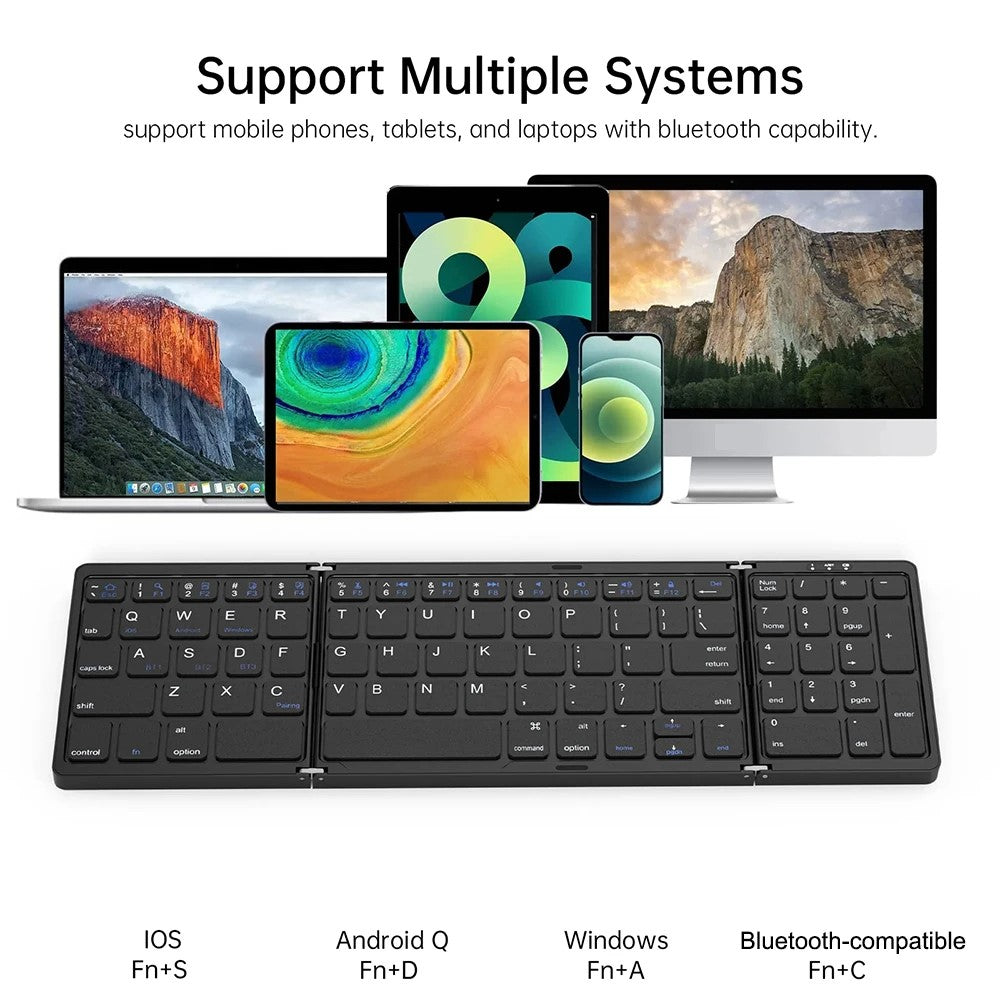 B089 Portable Tri-fold 81 Keys Bluetooth-Compatible Keyboard Home Office Wireless Keyboard with Numbers Area