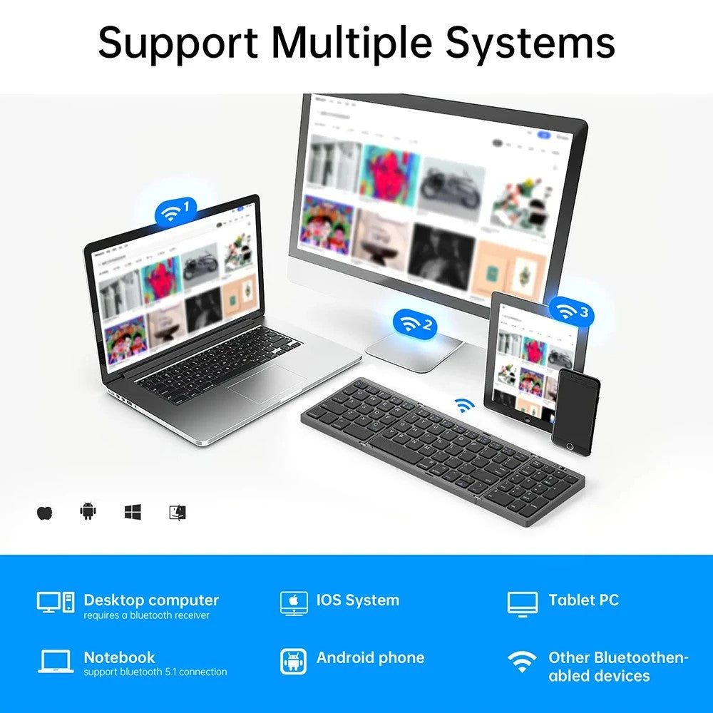 B089 Portable Tri-fold 81 Keys Bluetooth-Compatible Keyboard Home Office Wireless Keyboard with Numbers Area