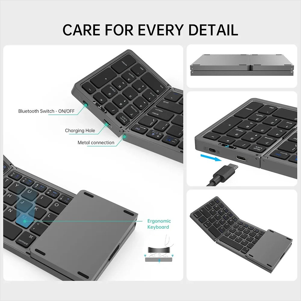 B089 Portable Tri-fold 81 Keys Bluetooth-Compatible Keyboard Home Office Wireless Keyboard with Numbers Area