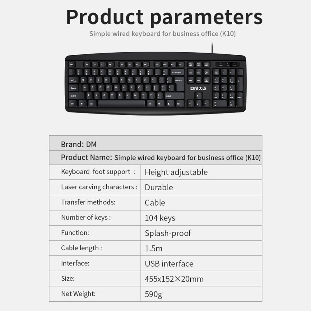 DM K10 USB Wired Keyboard 104 Keys Home Office Computer Laptop Keyboard