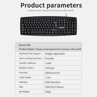 DM K10 USB Wired Keyboard 104 Keys Home Office Computer Laptop Keyboard