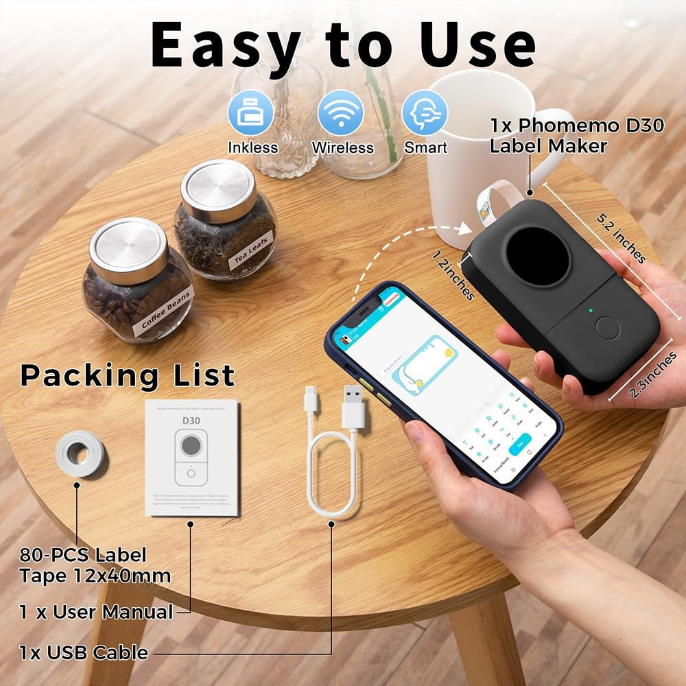 PHOMEMO D30 Portable Inkless Wireless Label Maker Mini Thermal Label Printer for Home School Office