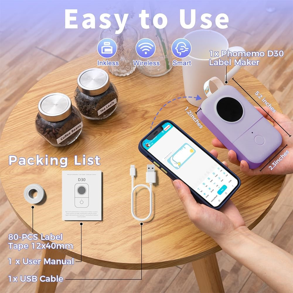 PHOMEMO D30 Portable Inkless Wireless Label Maker Mini Thermal Label Printer for Home School Office