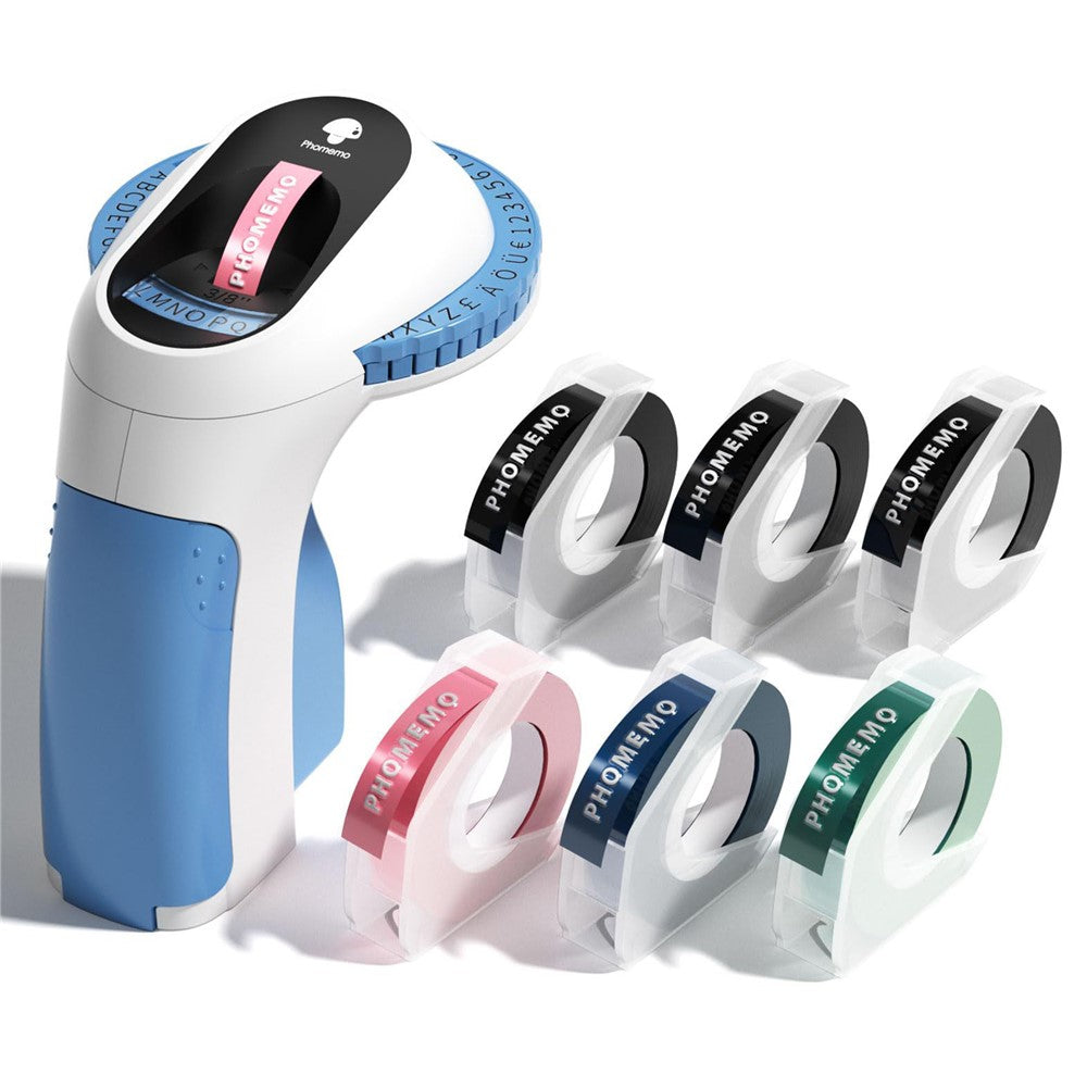PHOMEMO E975 Embossing Label Maker Handheld Embossed Label Machine with 6 Rolls Of Tapes