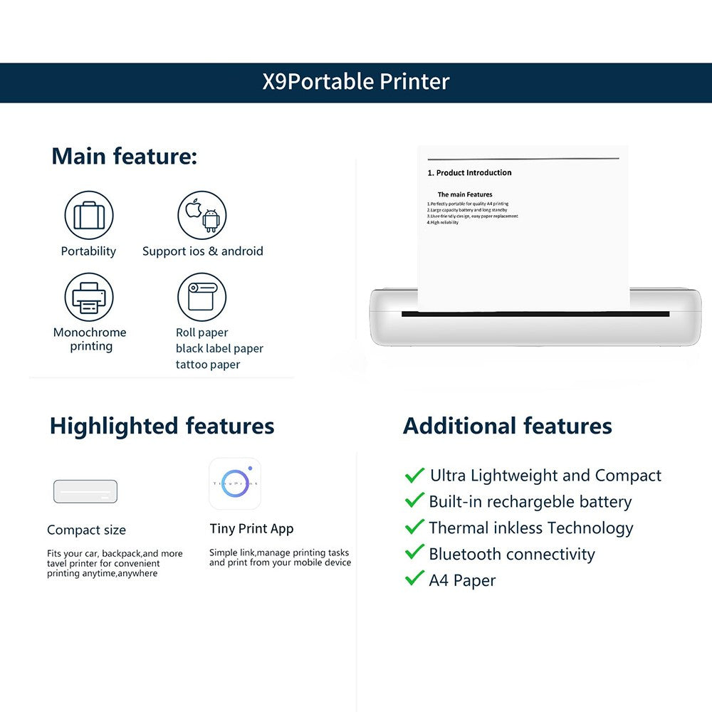 X9 Portable Bluetooth-compatible Thermal Printer 22mm / s Fast Speed 200dpi A4 Inkless Printing Machine