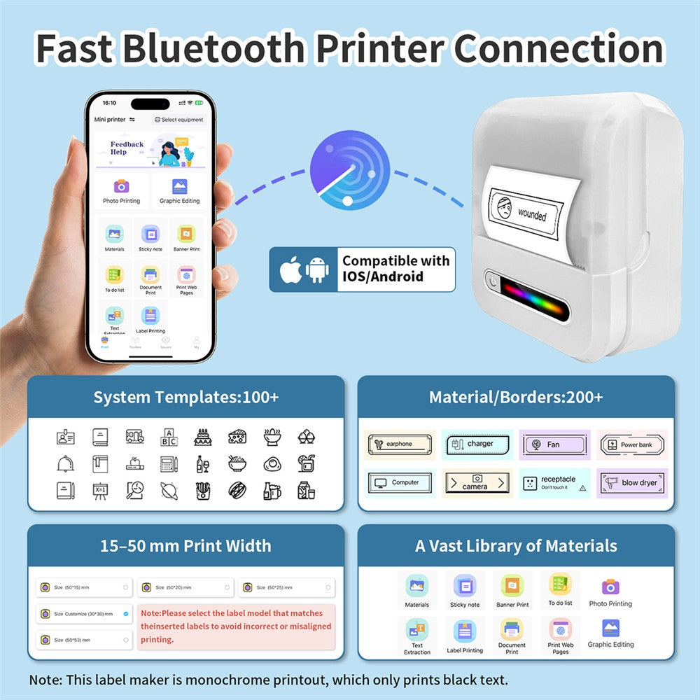 U1 200DPI Mini Portable Thermal Label Printer for Office Home Inkless Adhesive Sticker Printing Machine