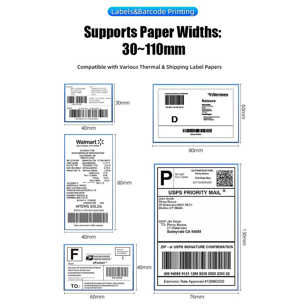 ZJ-9260 110mm Paperless Label Printer Bluetooth-Compatible 160mm / s 203DPI Direct Thermal Printer with USB Port and Stand