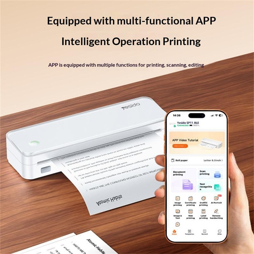 YESIDO SP11 A4 Thermal Printer Portable Bluetooth-compatible Battery Powered Printing Machine for Office