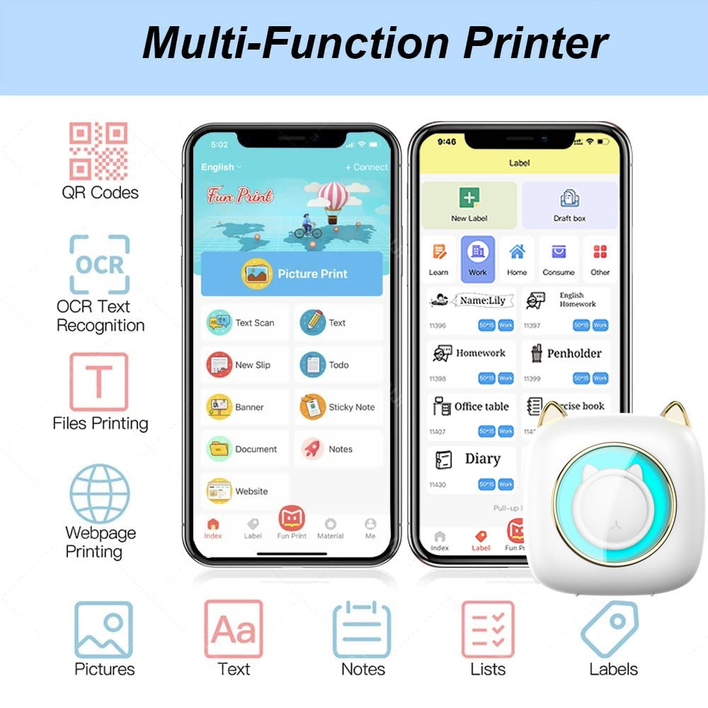 C23 Cute Mini Portable Printer Thermal 200DPI HD Printer with Colorful Light for Students