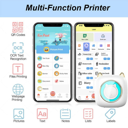 C23 Cute Mini Portable Printer Thermal 200DPI HD Printer with Colorful Light for Students