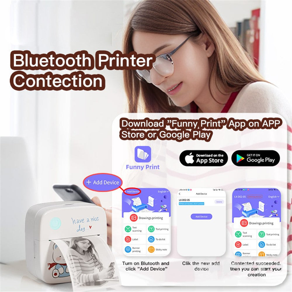 LX-D2 Thermal Inkless Mini Printer with English Labels+3 Rolls Colored Sticker Paper