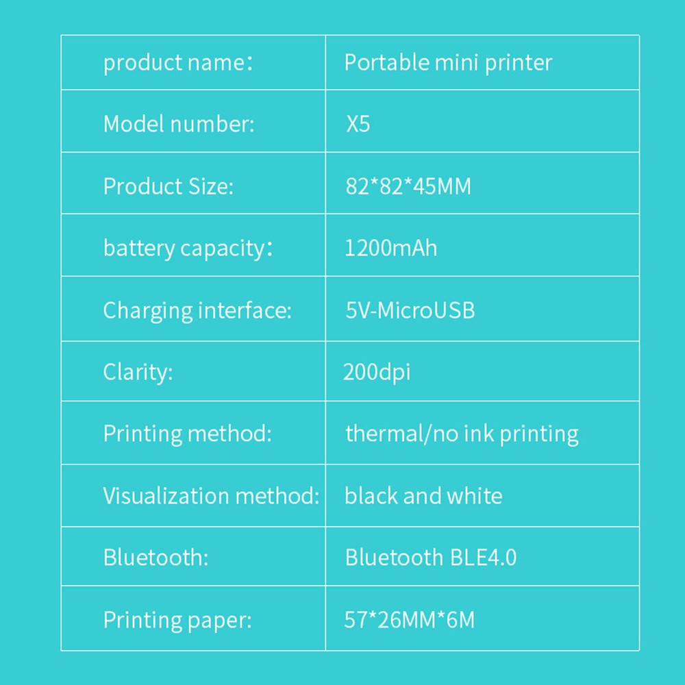 X5 Thermal Photo Printer Pocket Label Maker 200DPI Wireless Receipt Printer