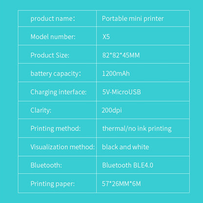 X5 Thermal Photo Printer Pocket Label Maker 200DPI Wireless Receipt Printer