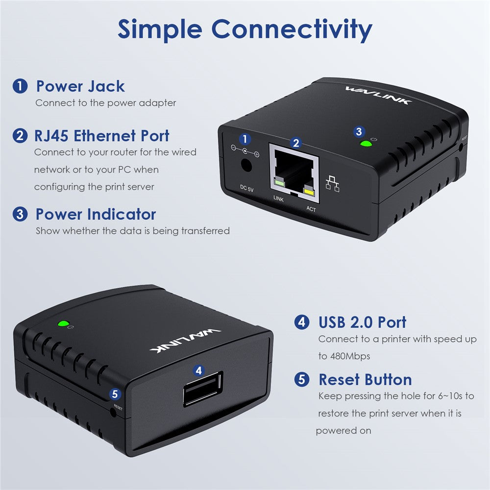 WAVLINK NU72P11 USB 2.0 Ethernet Network Printer Power Adapter 100Mbps Network Print Server