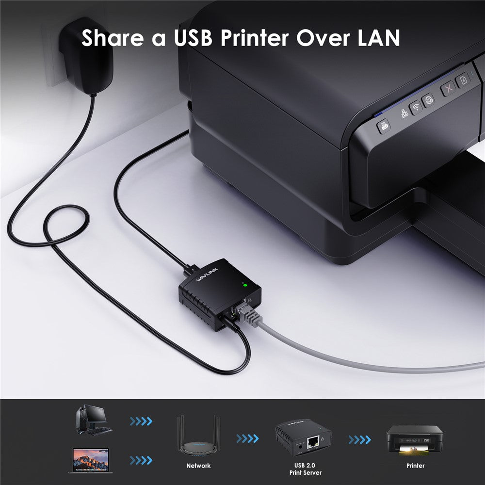 WAVLINK NU72P11 USB 2.0 Ethernet Network Printer Power Adapter 100Mbps Network Print Server