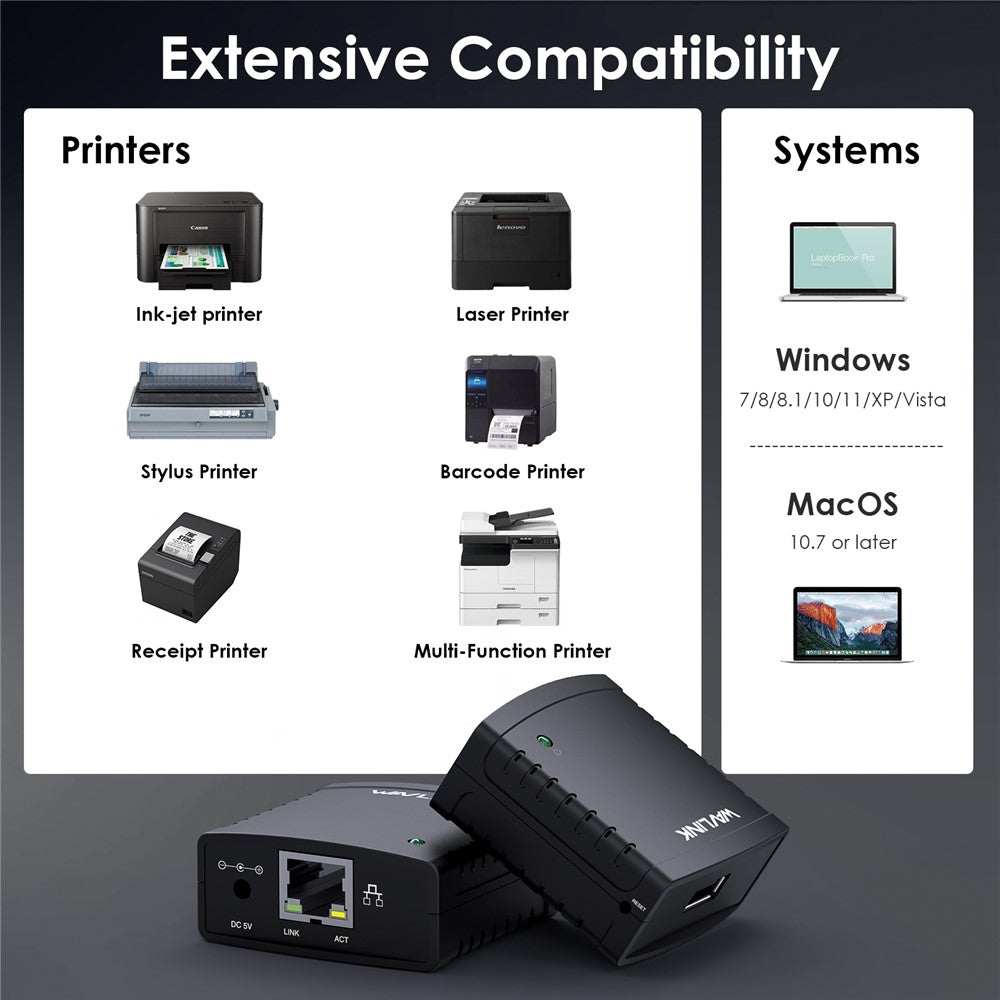 WAVLINK NU72P11 USB 2.0 Ethernet Network Printer Power Adapter 100Mbps Network Print Server
