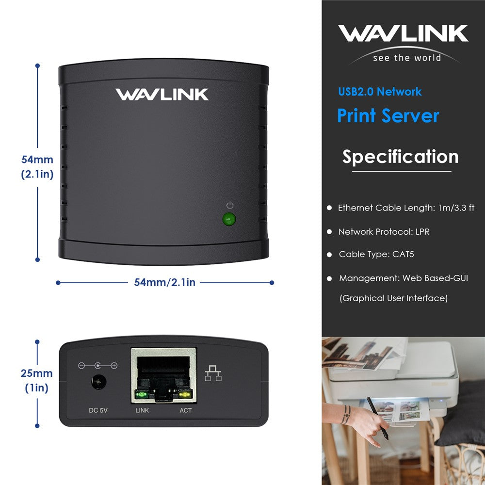 WAVLINK NU72P11 USB 2.0 Ethernet Network Printer Power Adapter 100Mbps Network Print Server