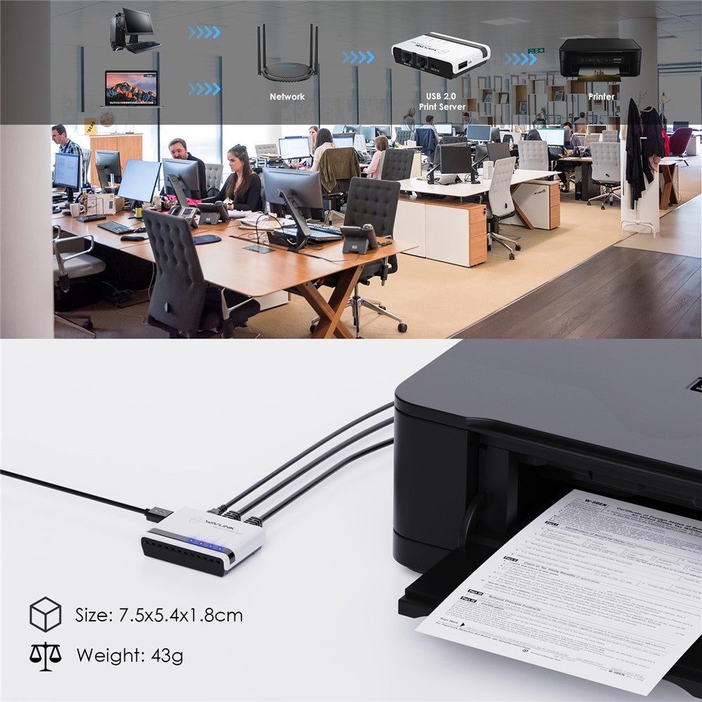 WAVLINK NU516U1 Wireless USB Print Server with 10 / 100Mbps LAN / Bridge WiFi USB2.0 Wireless Printer Server