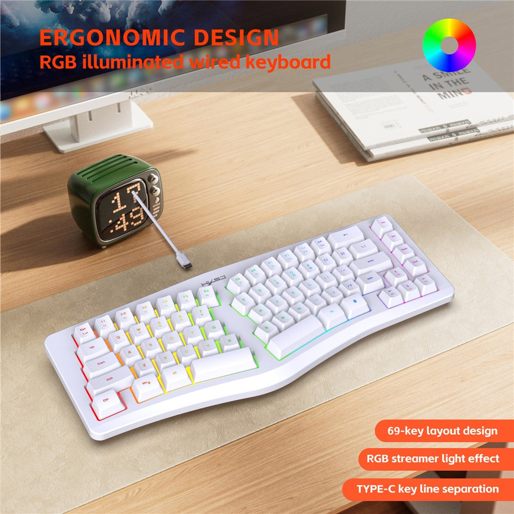 HXSJ J70 Ergonomic 69 Keys Wired Keyboard for Desktop Laptop Membrane Gaming Keyboard with RGB Backlit