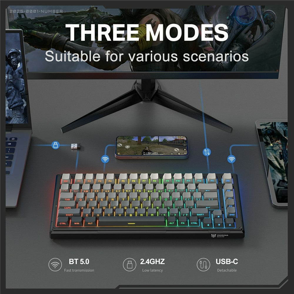 ONIKUMA G83 2.4G Wireless / Bluetooth-compatible / Wired 3 Modes 82-Key Mechanical Keyboard Hot Swappable Gaming Keyboard