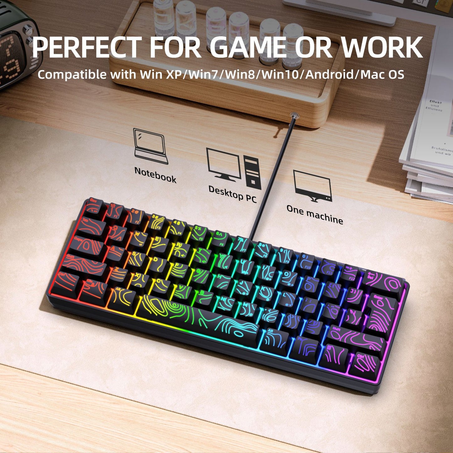 Y-FRUITFUL K401 61 Keys Gaming Keyboard with RGB Light 1.8m Wired Mechanical Keyboard for PC / Laptop