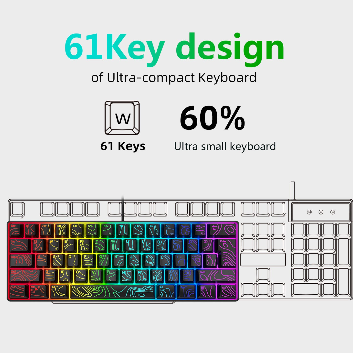 Y-FRUITFUL K401 61 Keys Gaming Keyboard with RGB Light 1.8m Wired Mechanical Keyboard for PC / Laptop