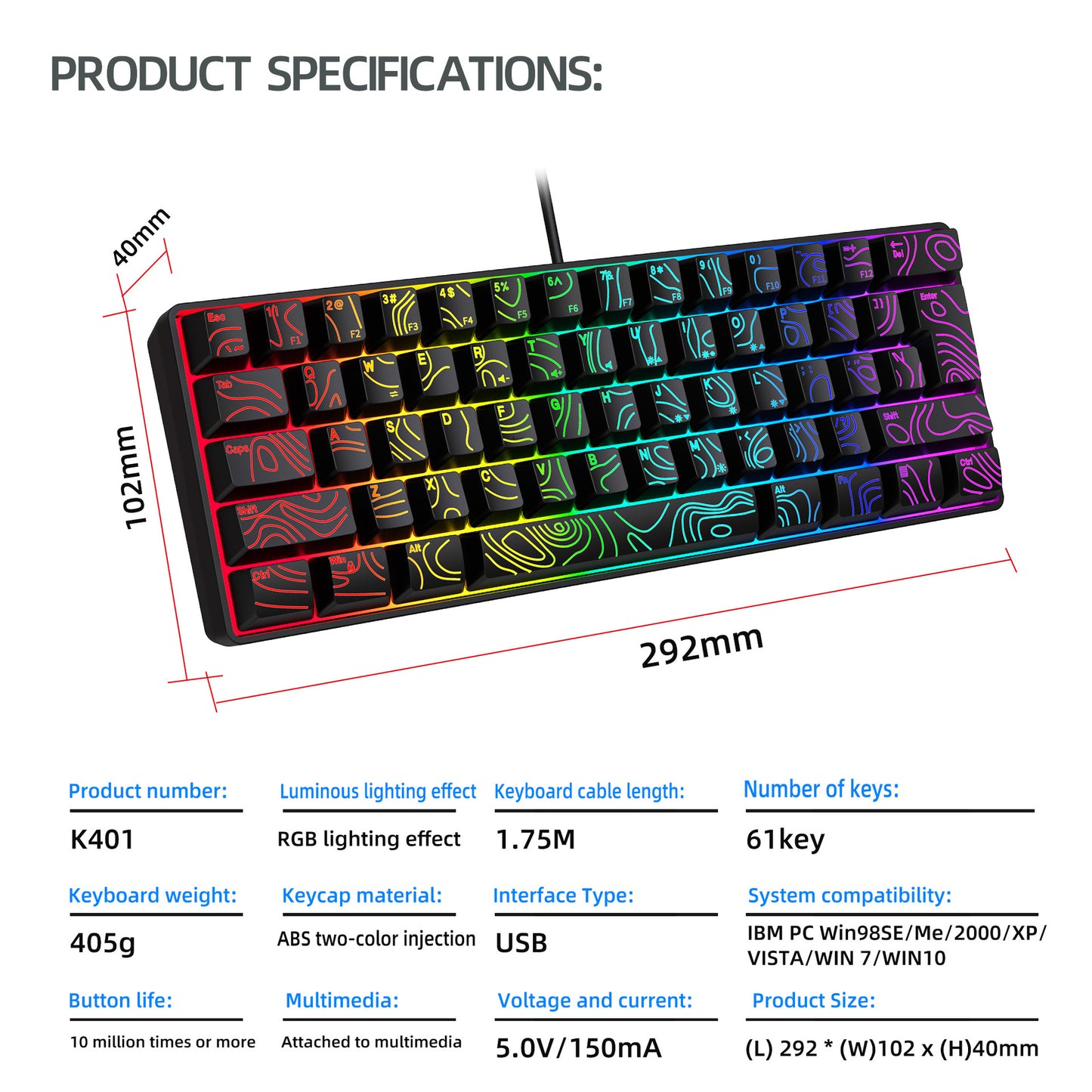 Y-FRUITFUL K401 61 Keys Gaming Keyboard with RGB Light 1.8m Wired Mechanical Keyboard for PC / Laptop