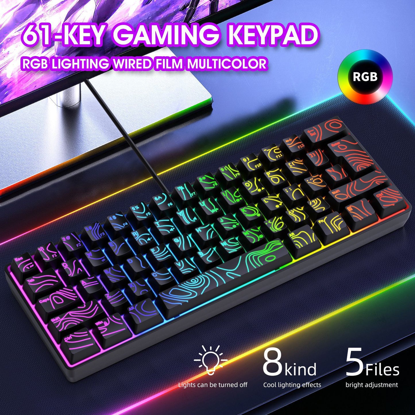 Y-FRUITFUL K401 61 Keys Gaming Keyboard with RGB Light 1.8m Wired Mechanical Keyboard for PC / Laptop