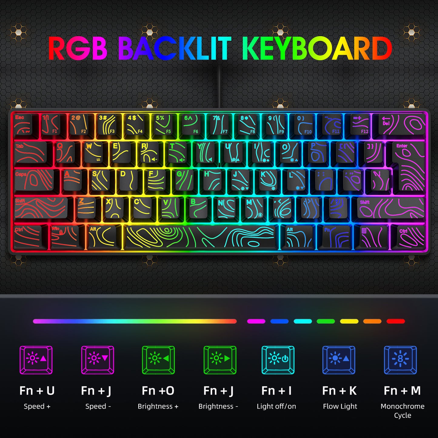 Y-FRUITFUL K401 61 Keys Gaming Keyboard with RGB Light 1.8m Wired Mechanical Keyboard for PC / Laptop