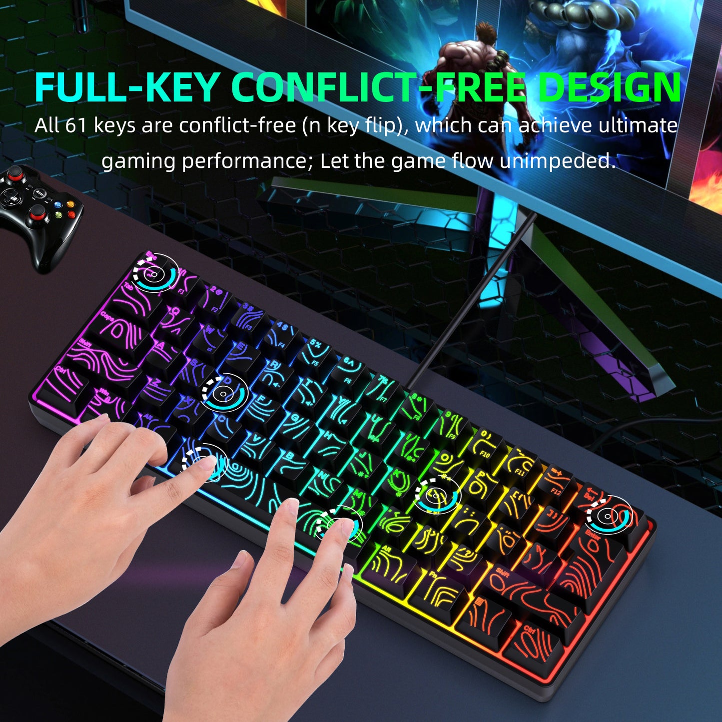 Y-FRUITFUL K401 61 Keys Gaming Keyboard with RGB Light 1.8m Wired Mechanical Keyboard for PC / Laptop