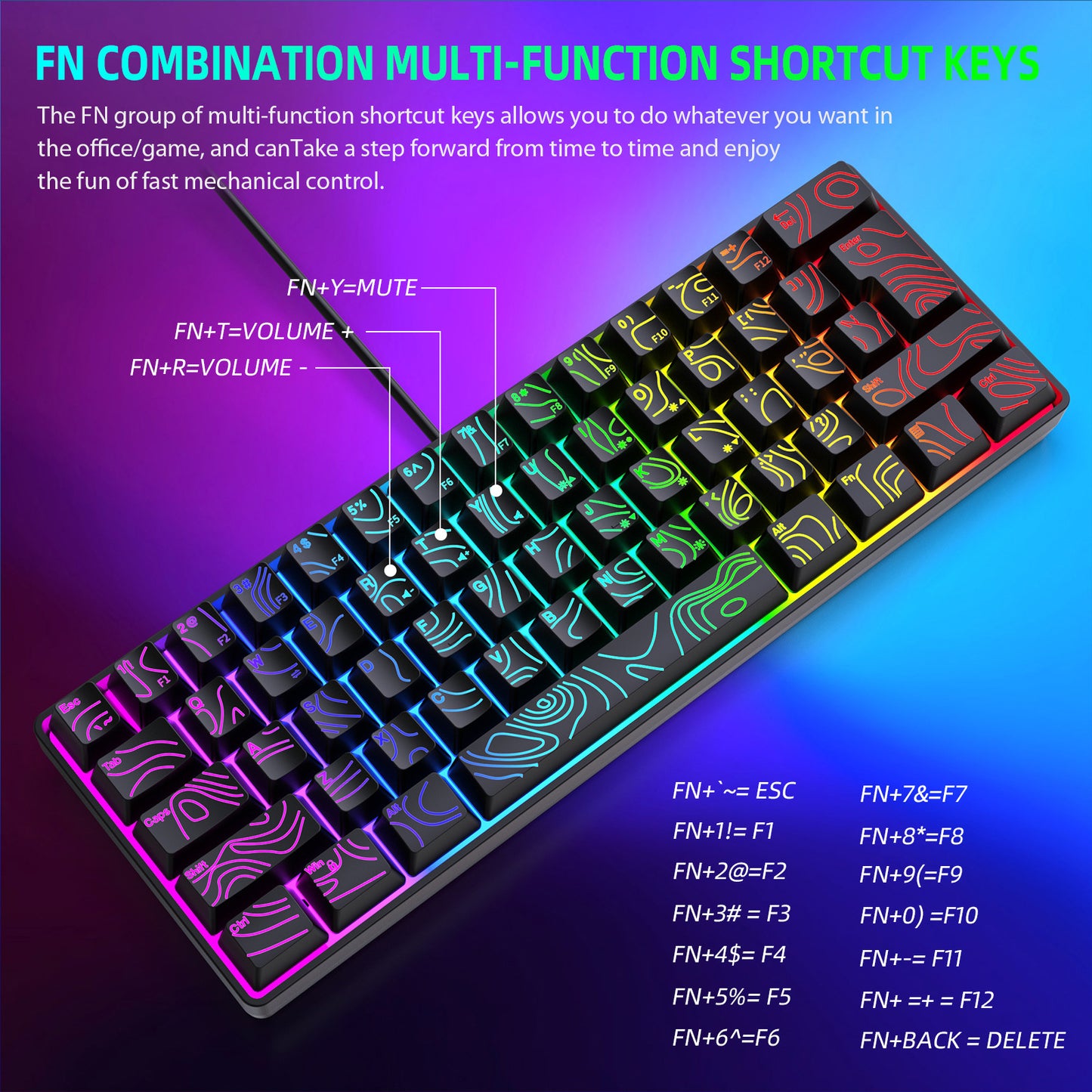 Y-FRUITFUL K401 61 Keys Gaming Keyboard with RGB Light 1.8m Wired Mechanical Keyboard for PC / Laptop