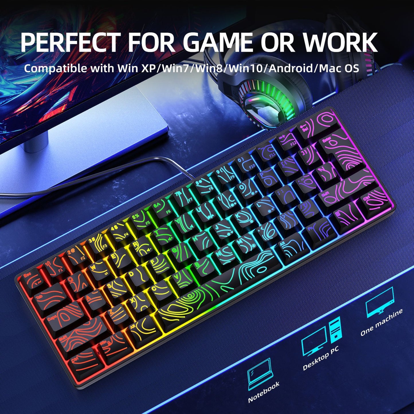 Y-FRUITFUL K401 61 Keys Gaming Keyboard with RGB Light 1.8m Wired Mechanical Keyboard for PC / Laptop
