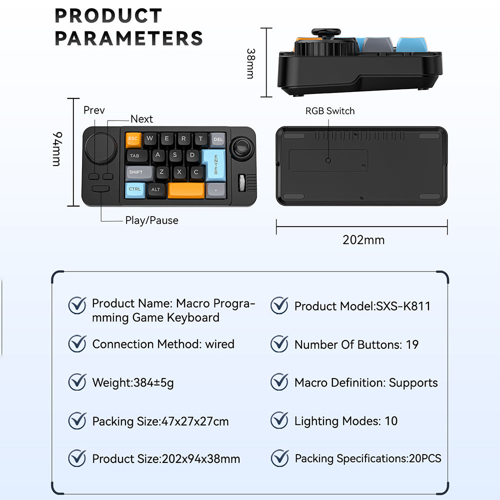 19-Key Hot-Swappable Mechanical Gaming Keyboard Wired Keyboard with RGB Backlit