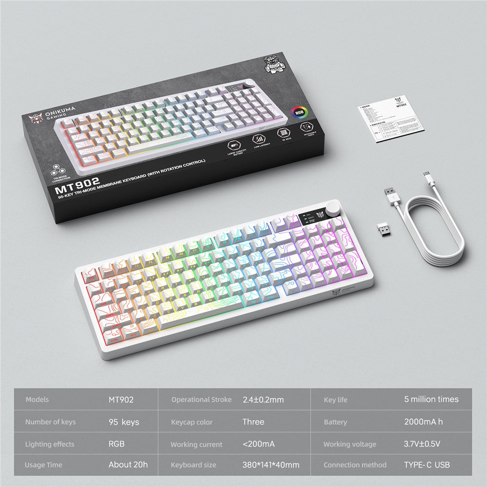 ONIKUMA MT902 95-Key Wireless 2.4GHz USB-C Tri-mode Mechanical Gaming Keyboard RGB Backlit with Knob