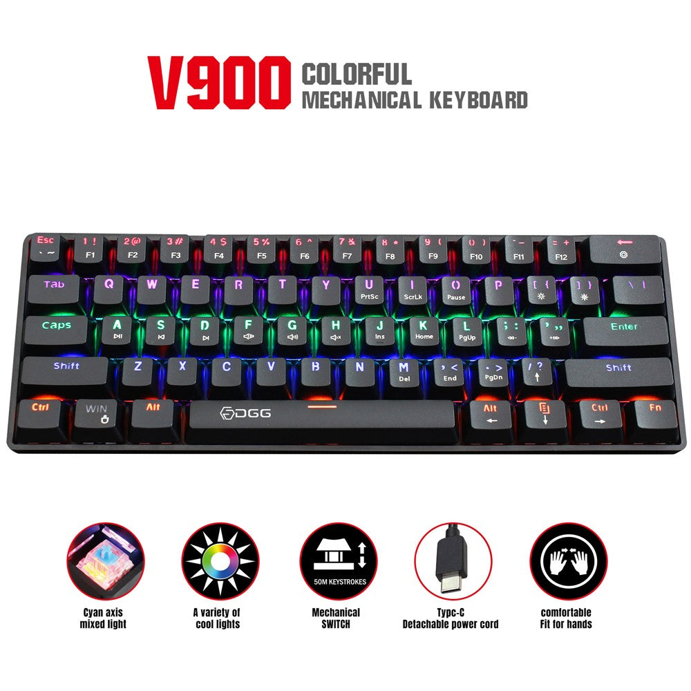 HXSJ V900 Wired 61 Keys Colorful Backlit Computer Laptop Home Office Gaming Blue Switch Mechanical Keyboard