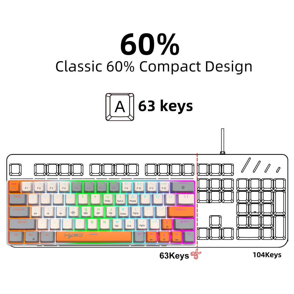 HXSJ V500 Mechanical Wired Keyboard 63 Keys Gaming Keyboard with Backlight Effect