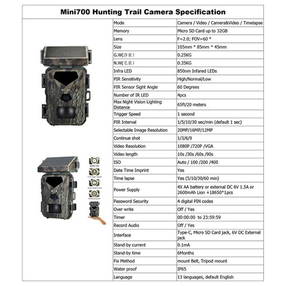 Mini700 Infrared Camera 20MP / 1080P Hunting Tracking Camera Outdoor Wildlife Animal Tracking Camera