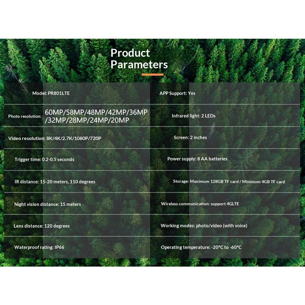 PR801LTE 8K Trail Camera 4G LTE 60MP PIR Motion Detection Night Vision IP66 Waterproof Hunting Camera for Scouting Wildlife Security