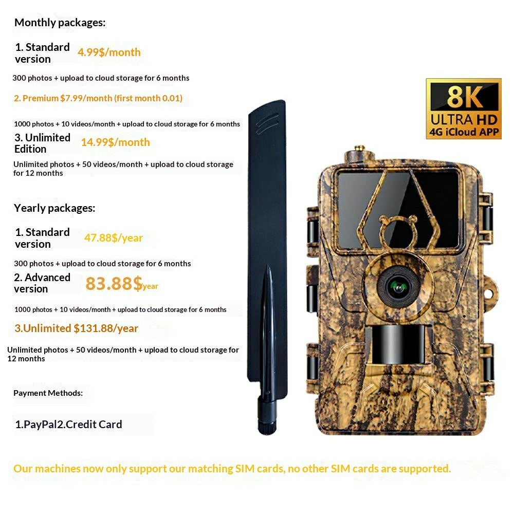 PR801LTE 8K Trail Camera 4G LTE 60MP PIR Motion Detection Night Vision IP66 Waterproof Hunting Camera for Scouting Wildlife Security