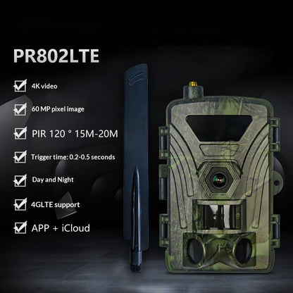 PR802LTE 4G LTE Trail Camera 60MP 4K Night Vision IP66 Waterproof Hunting Camera for Wildlife Scouting