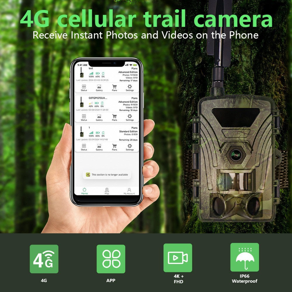 PR802LTE 4G LTE Trail Camera 60MP 4K Night Vision IP66 Waterproof Hunting Camera for Wildlife Scouting