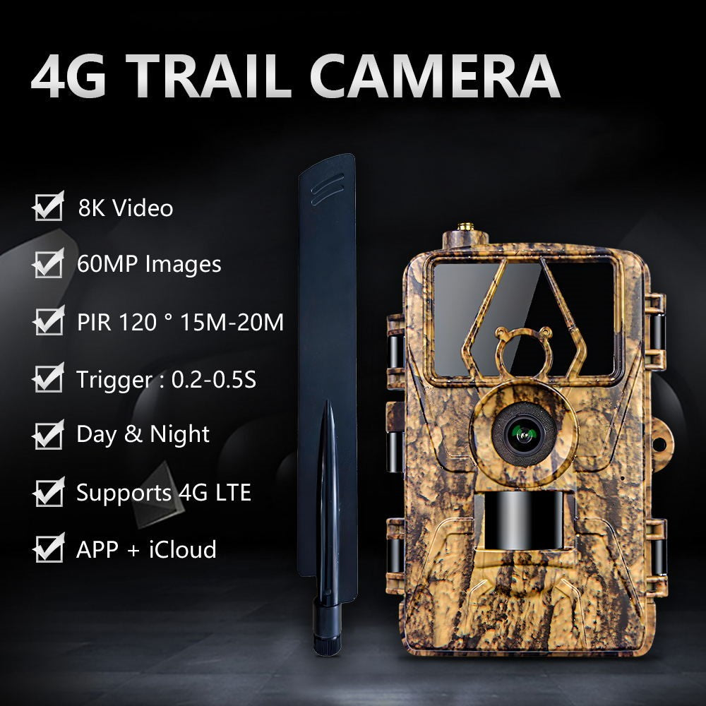 PR801LTE 4G LTE Trail Camera IP66 Waterproof 8K 60MP Wildlife Hunting Camera with Night Vision PIR Motion Detection